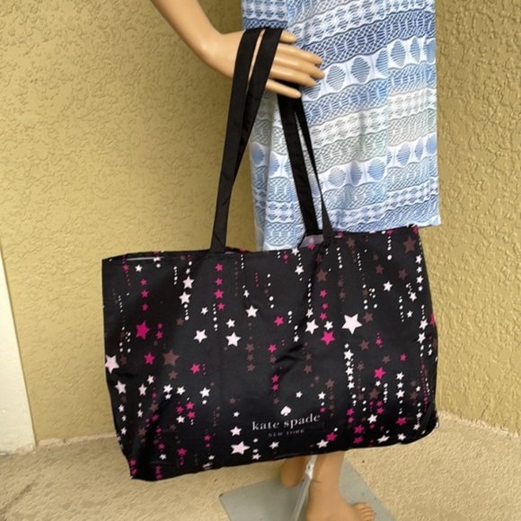 Kate Spade Black Multi Color with Light and Dark Pink Stars Canvas Tote XL Reusa - Picture 15 of 16